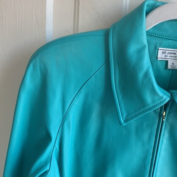 St John Sport by Marie Gray Leather Jacket Aqua - Picture 3 of 9